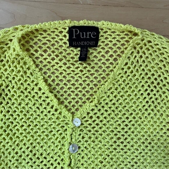 Pure Handknit Cotton Open Knit Sweater Cardigan in Chartreuse Green L/XL NWOT - Picture 8 of 11